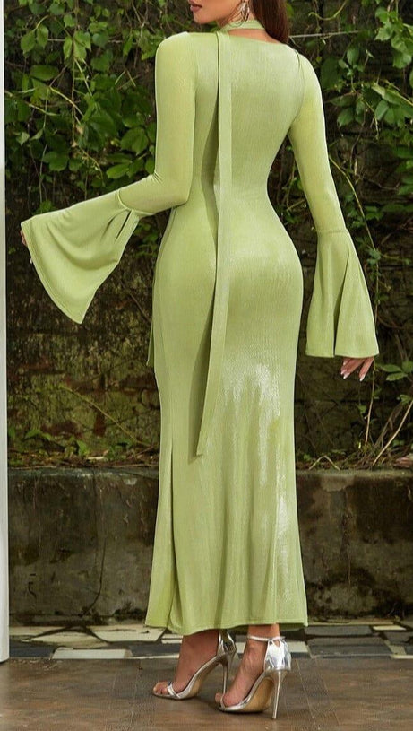 GREEN TRUMPET SLEEVE BODYCON MAXI DRESS
