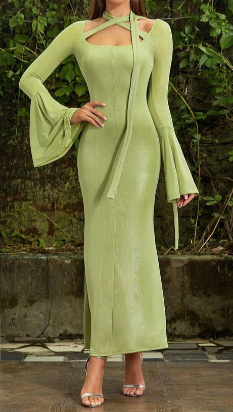 GREEN TRUMPET SLEEVE BODYCON MAXI DRESS