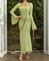 GREEN TRUMPET SLEEVE BODYCON MAXI DRESS