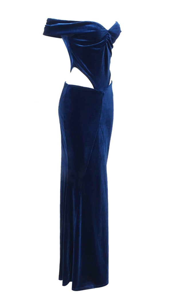 AIIZIE OFF SHOULDER WAIST HOLLOW VELVET MAXI DRESS IN BLUE - product image
