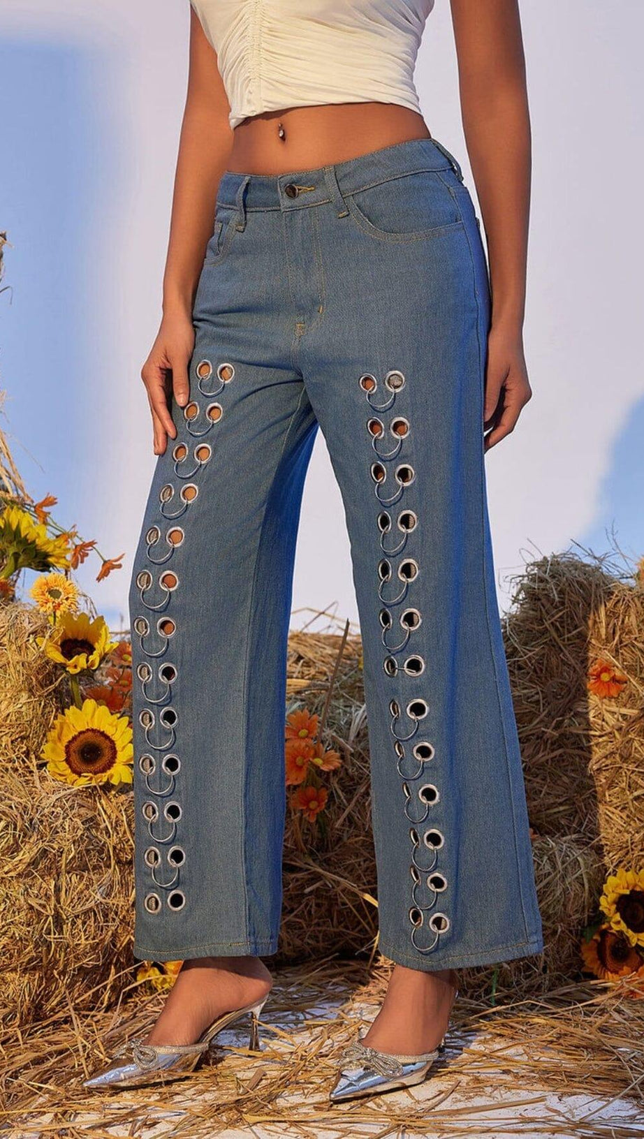 HOLLOW WIDE DENIM PANTS