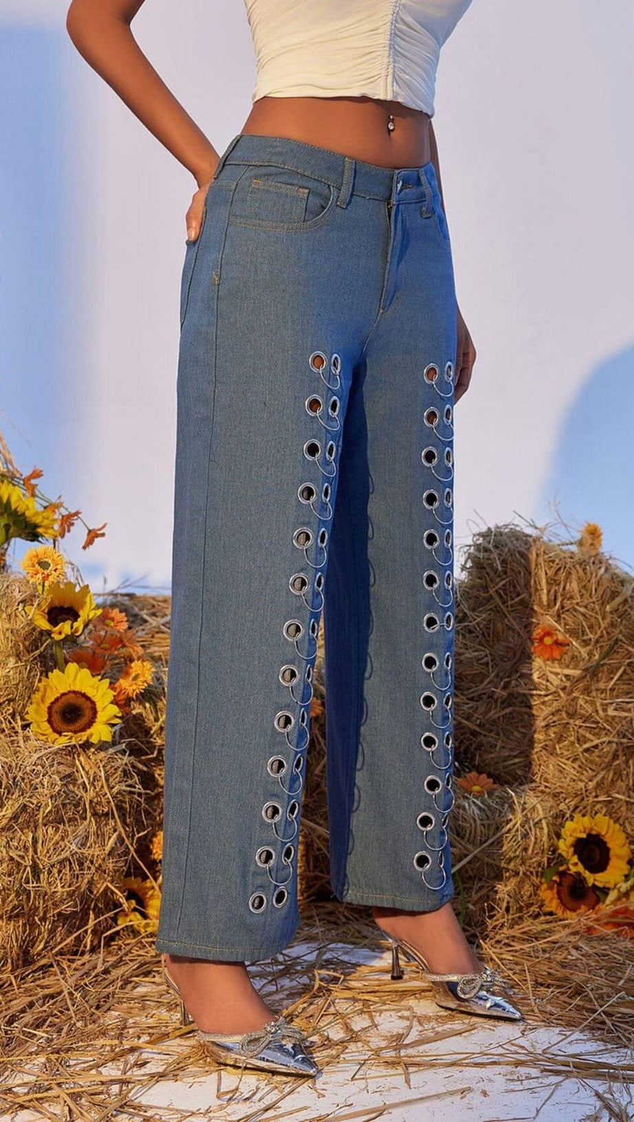 HOLLOW WIDE DENIM PANTS