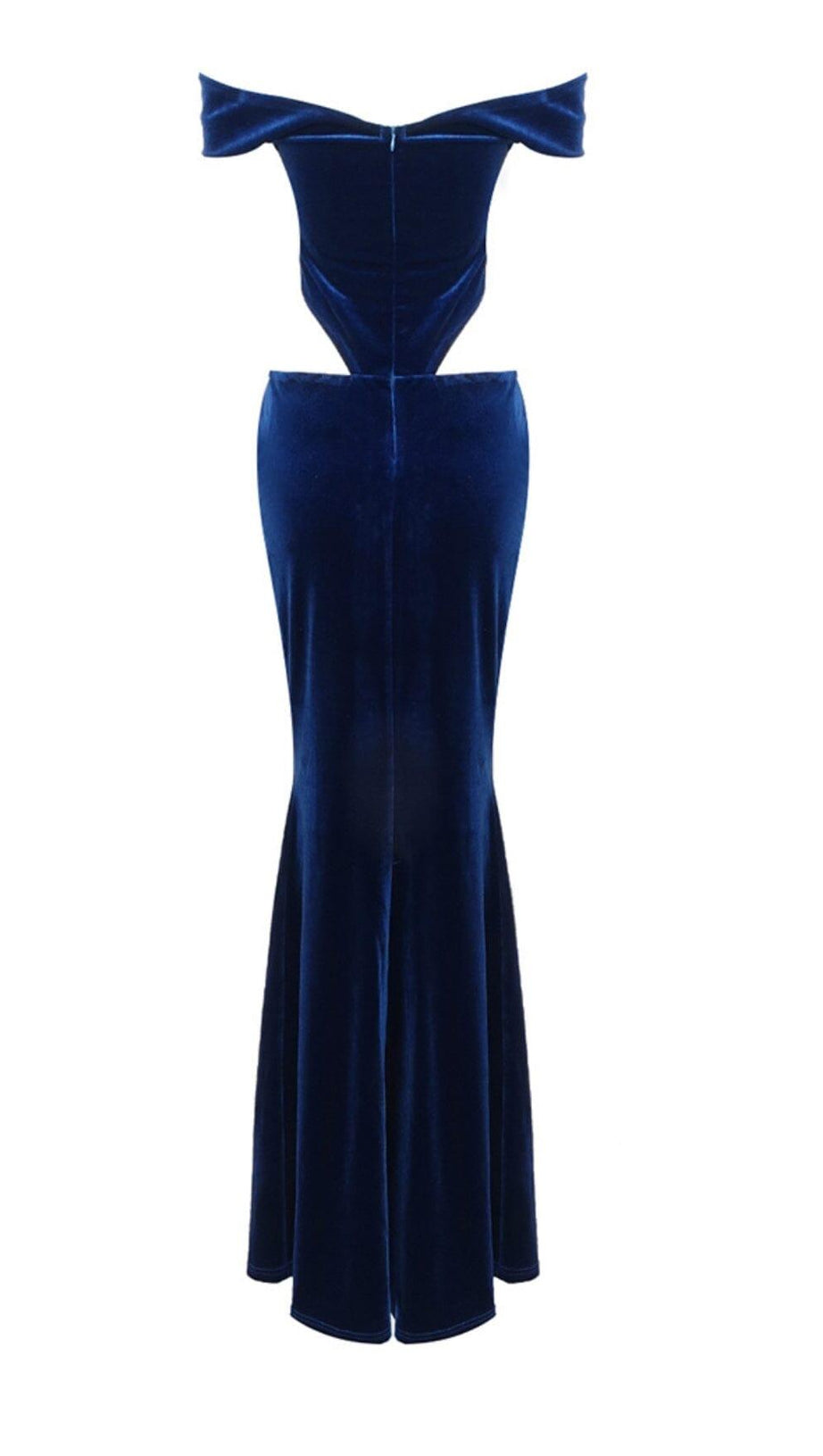 OFF SHOULDER WAIST HOLLOW VELVET MAXI DRESS IN BLUE