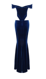 OFF SHOULDER WAIST HOLLOW VELVET MAXI DRESS IN BLUE