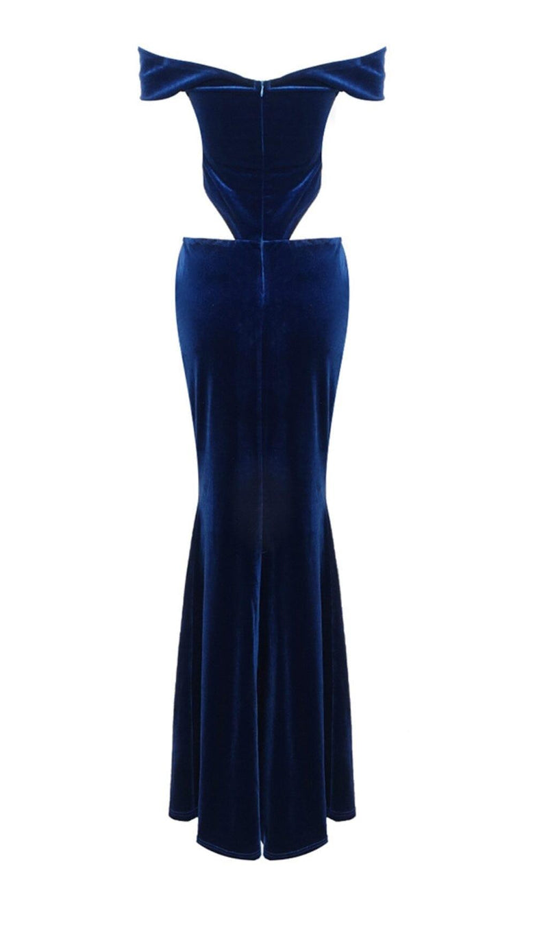 OFF SHOULDER WAIST HOLLOW VELVET MAXI DRESS IN BLUE