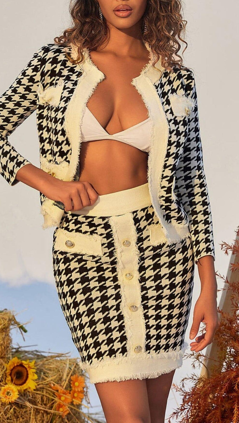 HOUNDSTOOTH KNITTED SKIRT SET