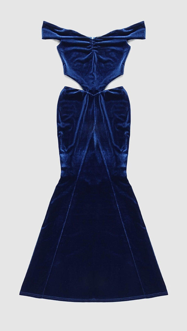 AIIZIE OFF SHOULDER WAIST HOLLOW VELVET MAXI DRESS IN BLUE - product image