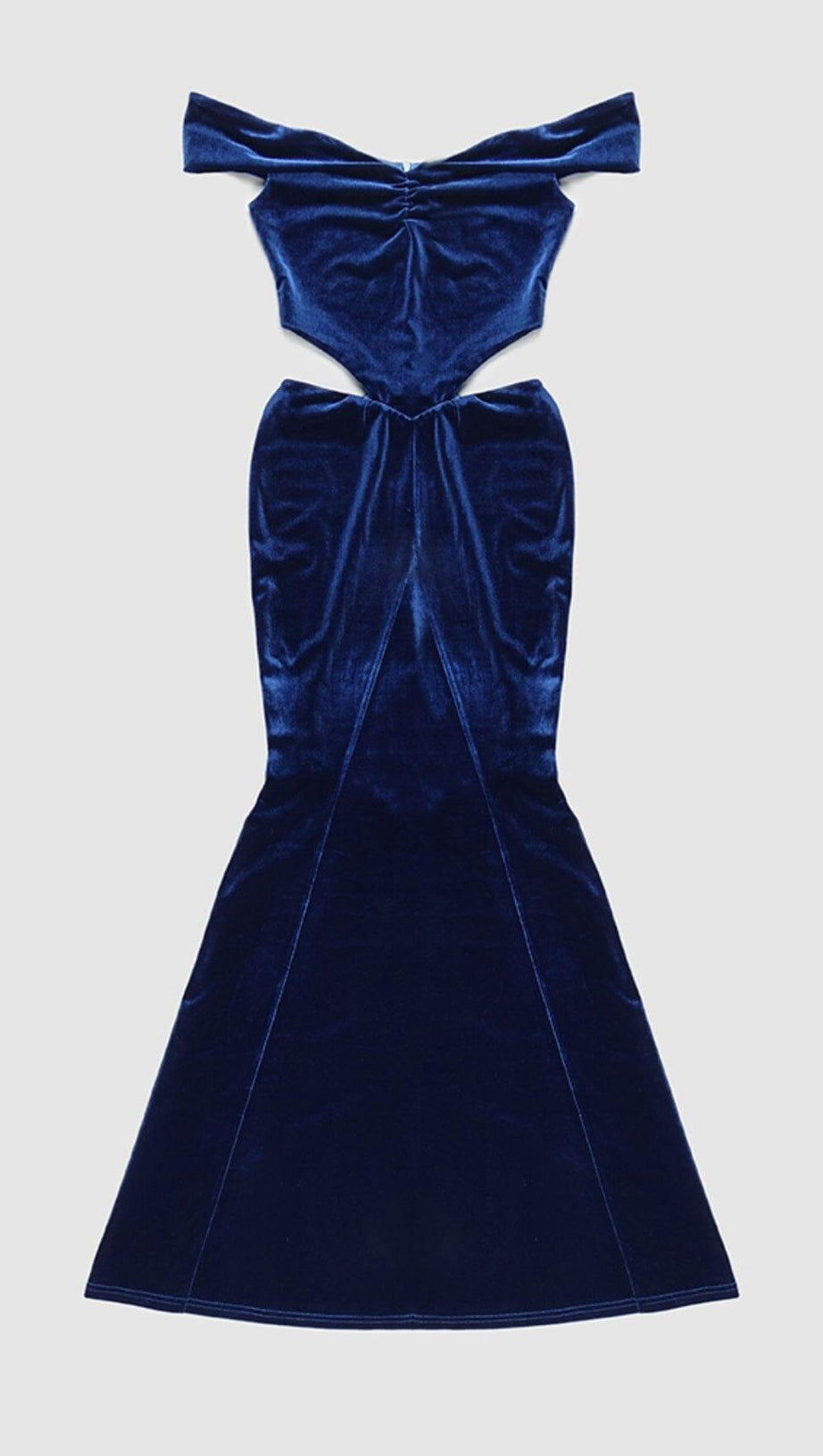 OFF SHOULDER WAIST HOLLOW VELVET MAXI DRESS IN BLUE