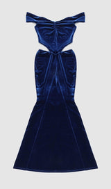 OFF SHOULDER WAIST HOLLOW VELVET MAXI DRESS IN BLUE