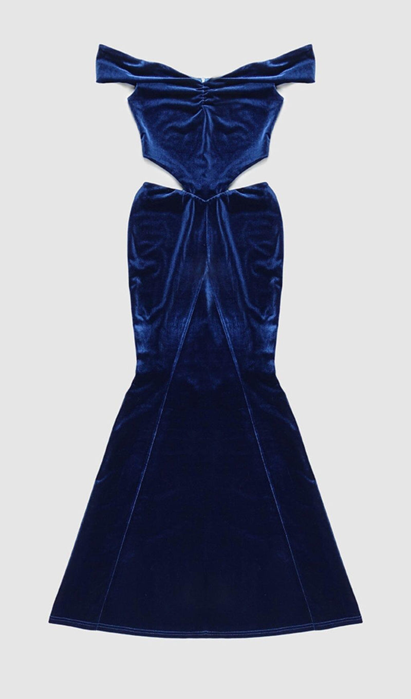 OFF SHOULDER WAIST HOLLOW VELVET MAXI DRESS IN BLUE