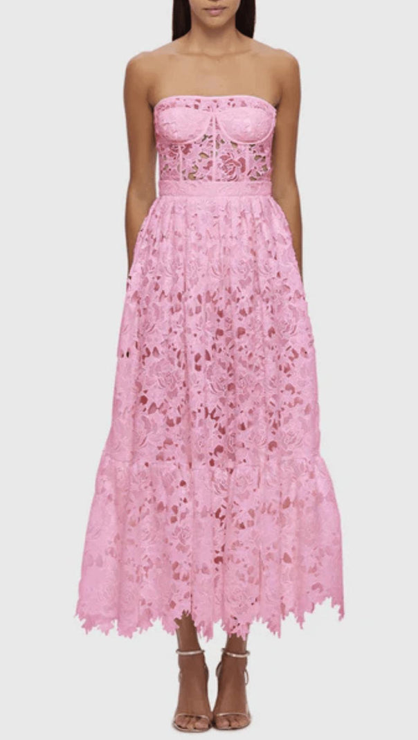 AIIZIE LACE BUSTIER MIDI DRESS IN CANDY PINK - product image