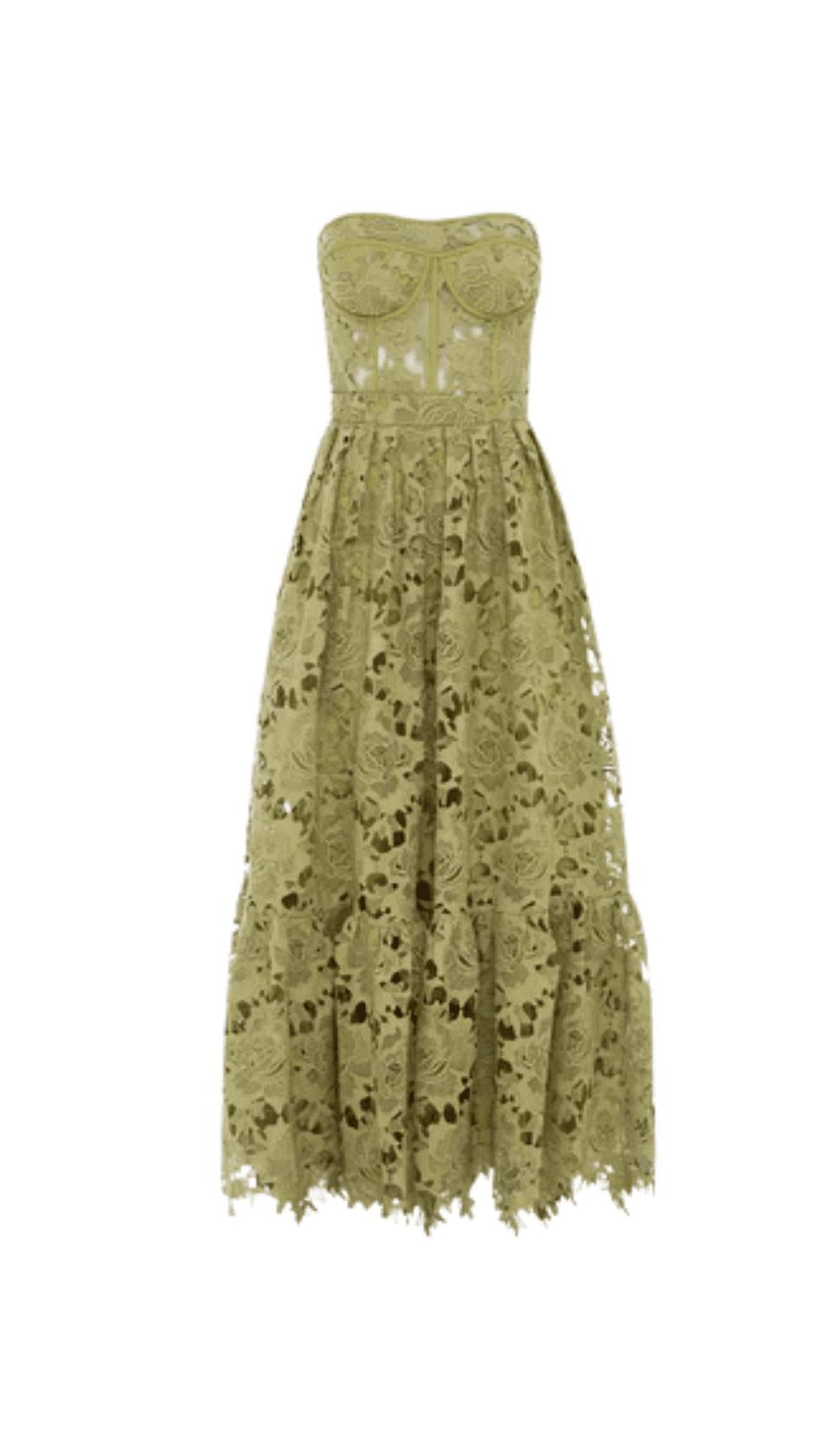 LACE BUSTIER MIDI DRESS IN GREEN