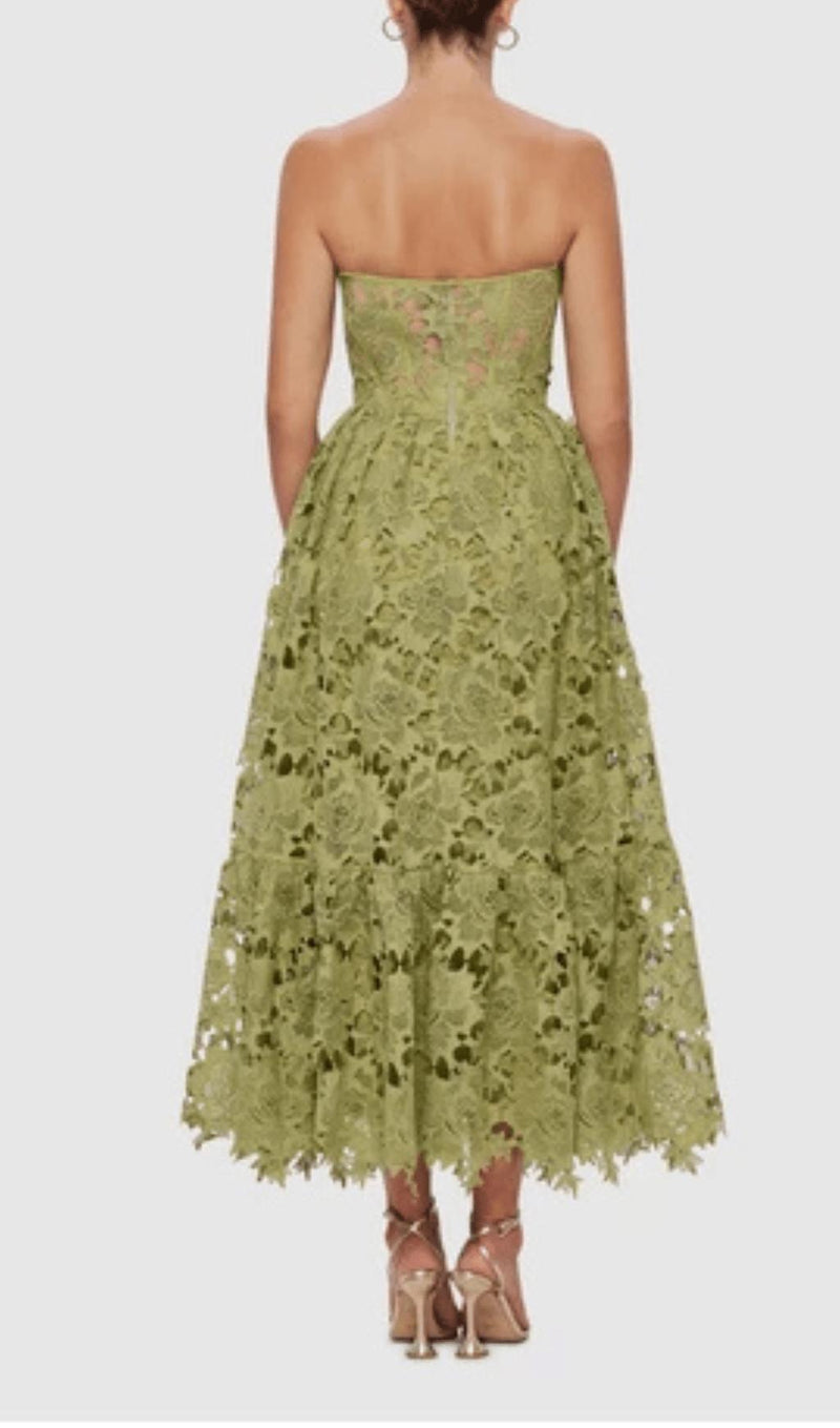 LACE BUSTIER MIDI DRESS IN GREEN