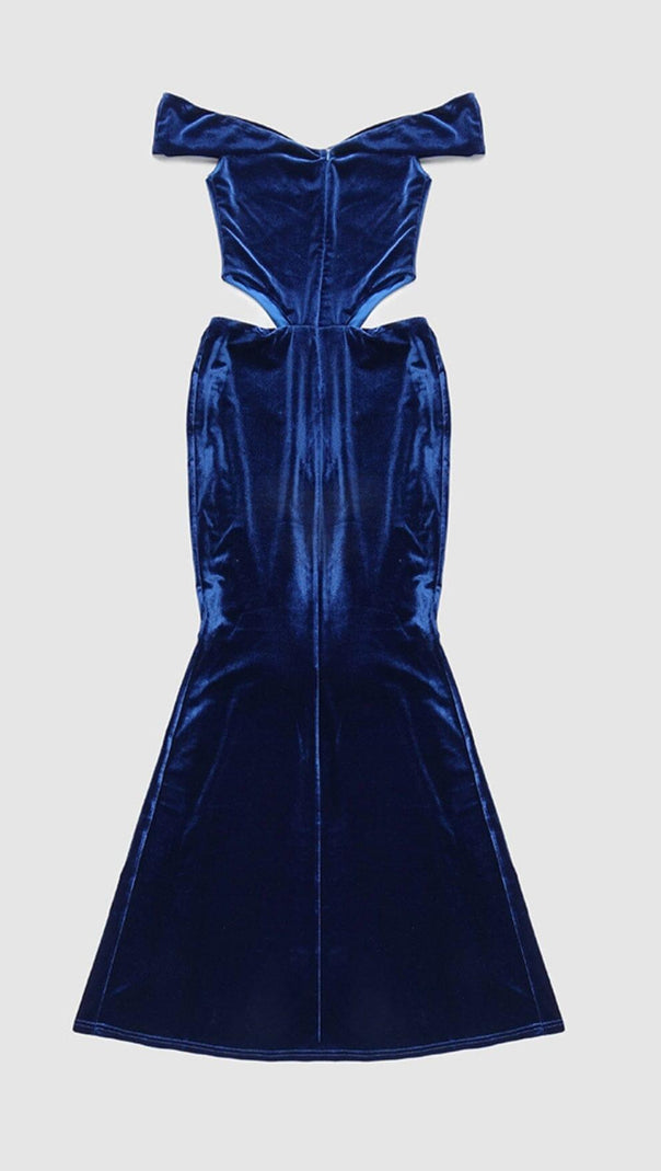 AIIZIE OFF SHOULDER WAIST HOLLOW VELVET MAXI DRESS IN BLUE - product image
