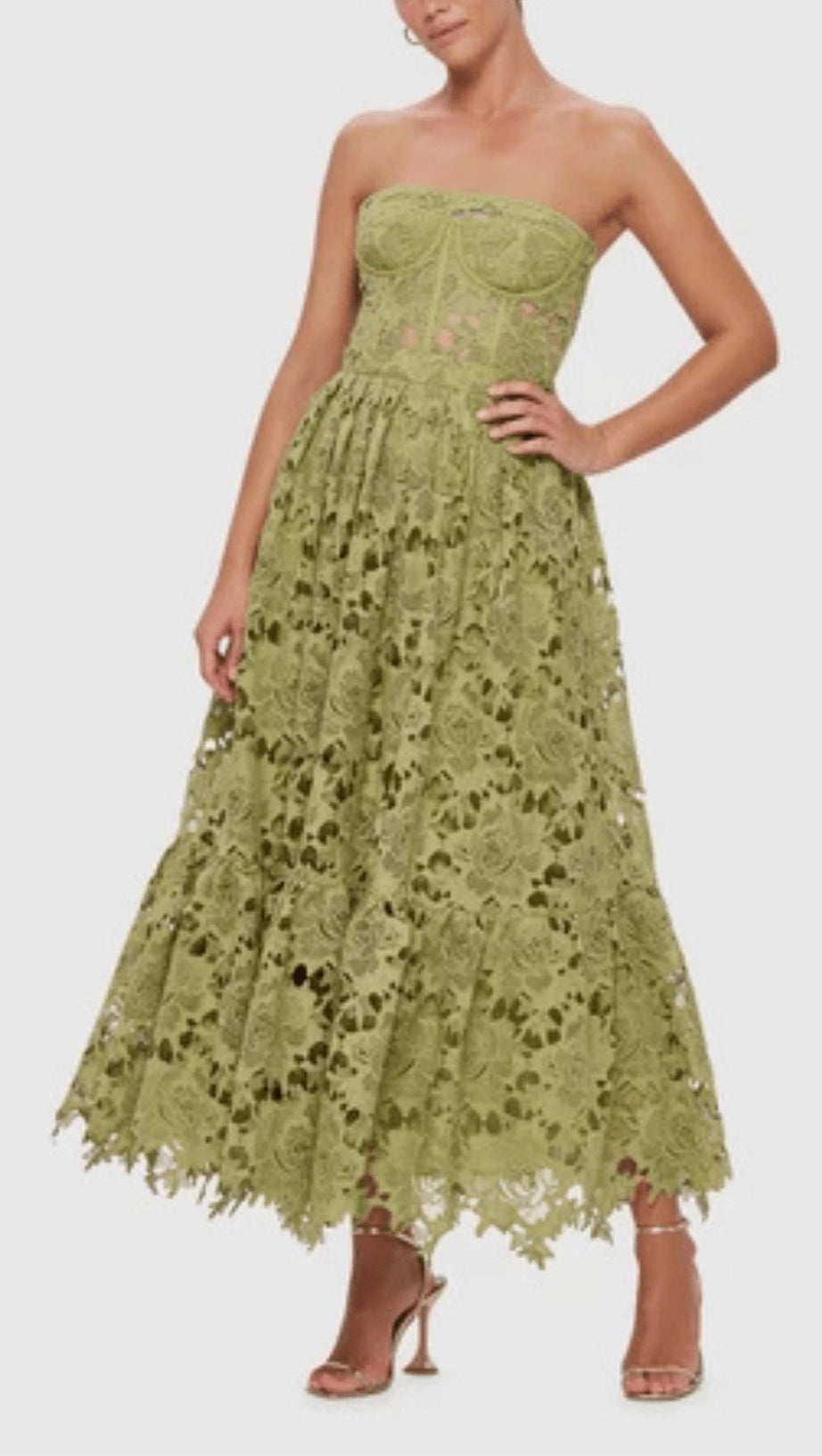 LACE BUSTIER MIDI DRESS IN GREEN