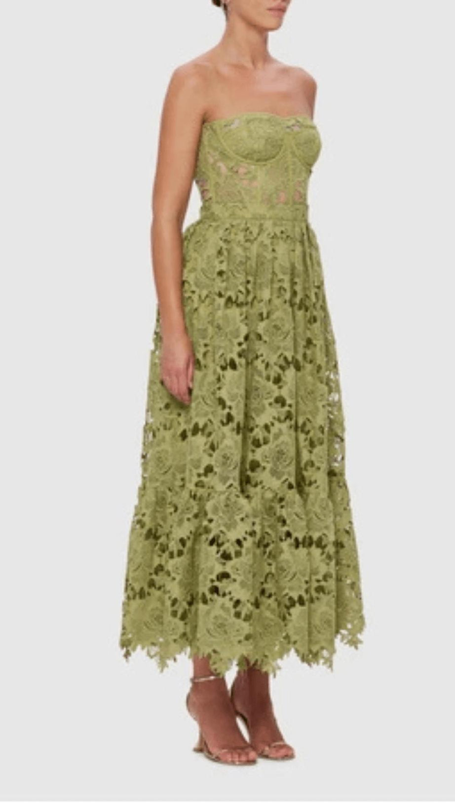 LACE BUSTIER MIDI DRESS IN GREEN