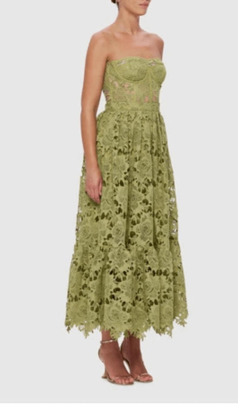 LACE BUSTIER MIDI DRESS IN GREEN