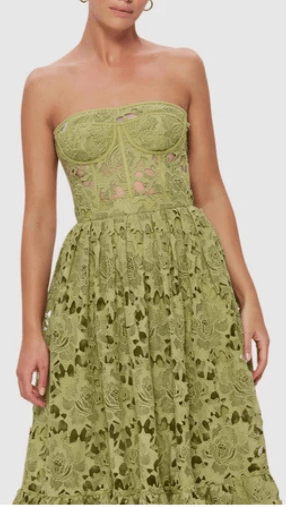LACE BUSTIER MIDI DRESS IN GREEN