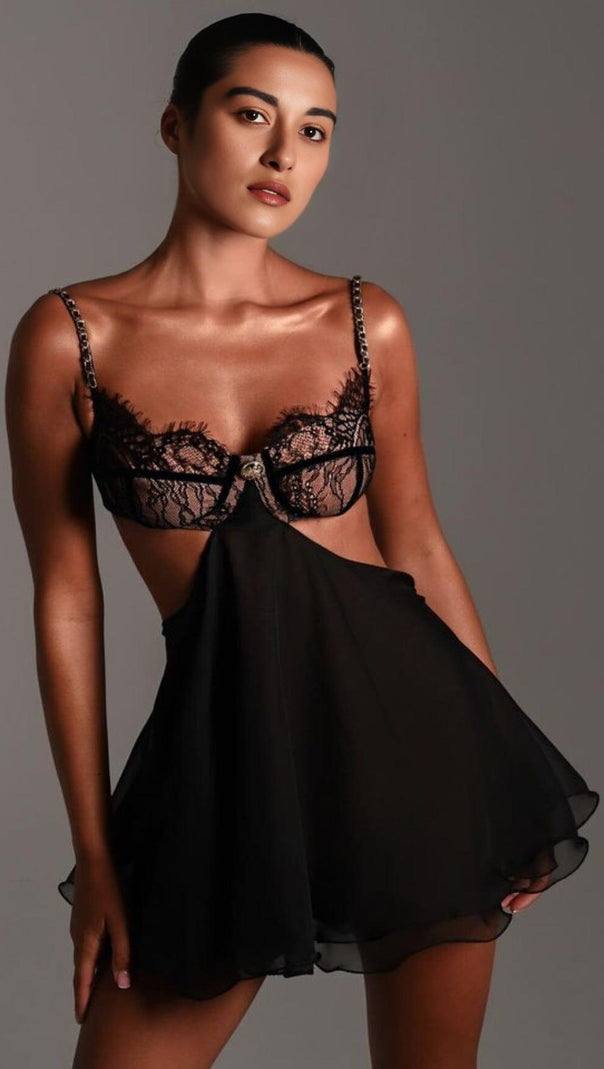 AIIZIE LACE CUT OUT MINI DRESS IN BLACK - product image