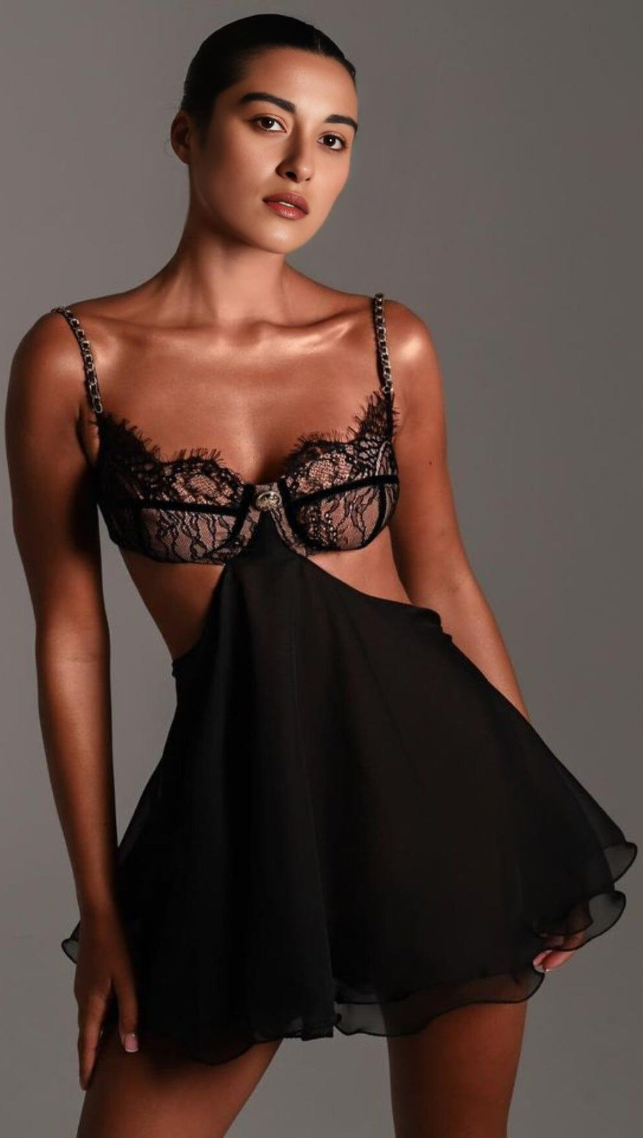 LACE CUT OUT MINI DRESS IN BLACK