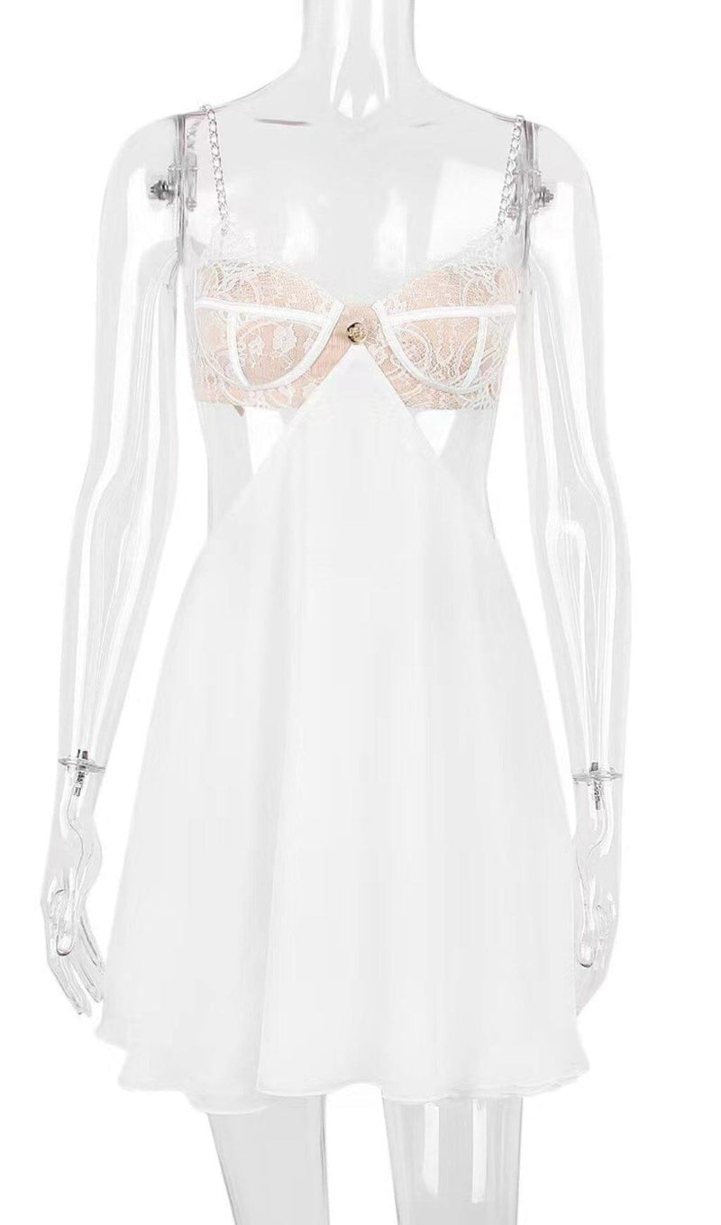 LACE CUT OUT MINI DRESS IN WHITE