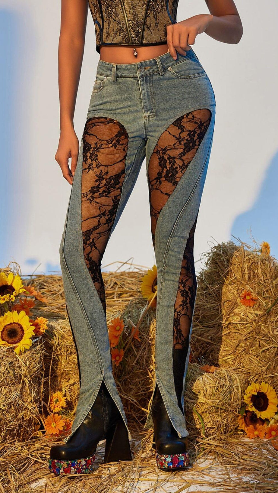 LACE PANELED HIGH RISE SKINNY JEANS