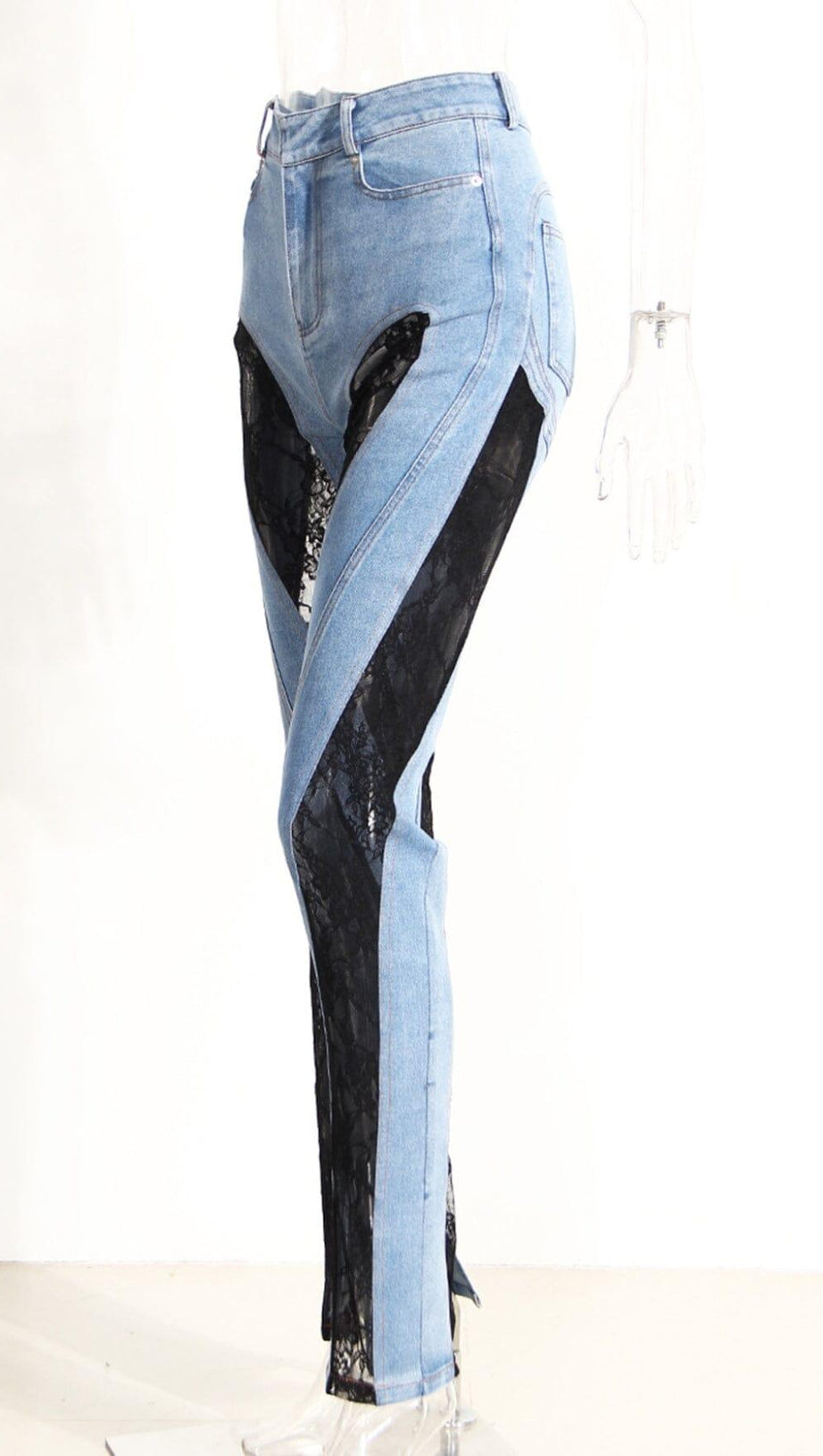 LACE PANELED HIGH RISE SKINNY JEANS