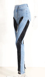 LACE PANELED HIGH RISE SKINNY JEANS