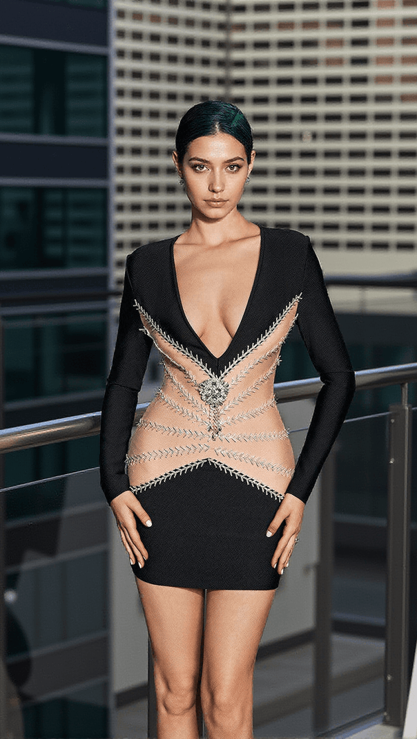 AIIZIE WREN V NECK CRYSTAL BANDAGE DRESS - product image