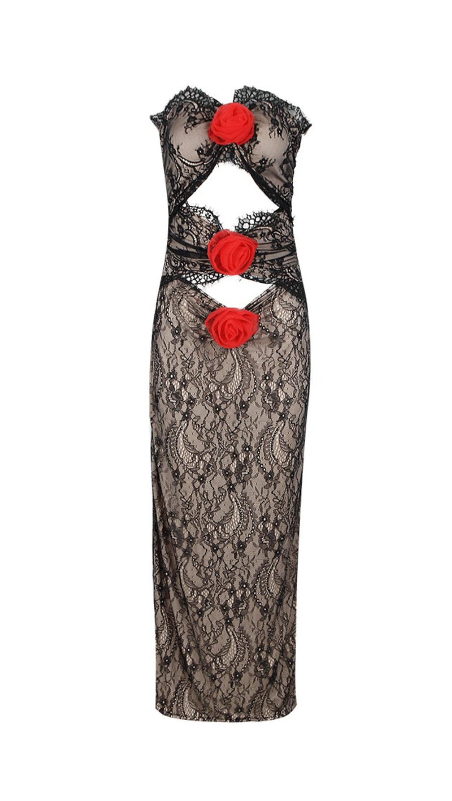 LACE SHEER FLOWER APPLIQUE CUT-OUT MAXI DRESS