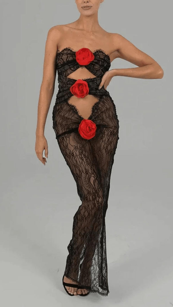 AIIZIE LACE SHEER FLOWER APPLIQUE CUT-OUT MAXI DRESS - product image