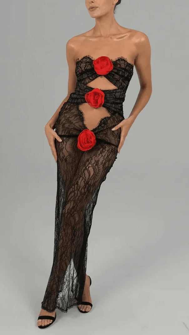 AIIZIE LACE SHEER FLOWER APPLIQUE CUT-OUT MAXI DRESS - product image