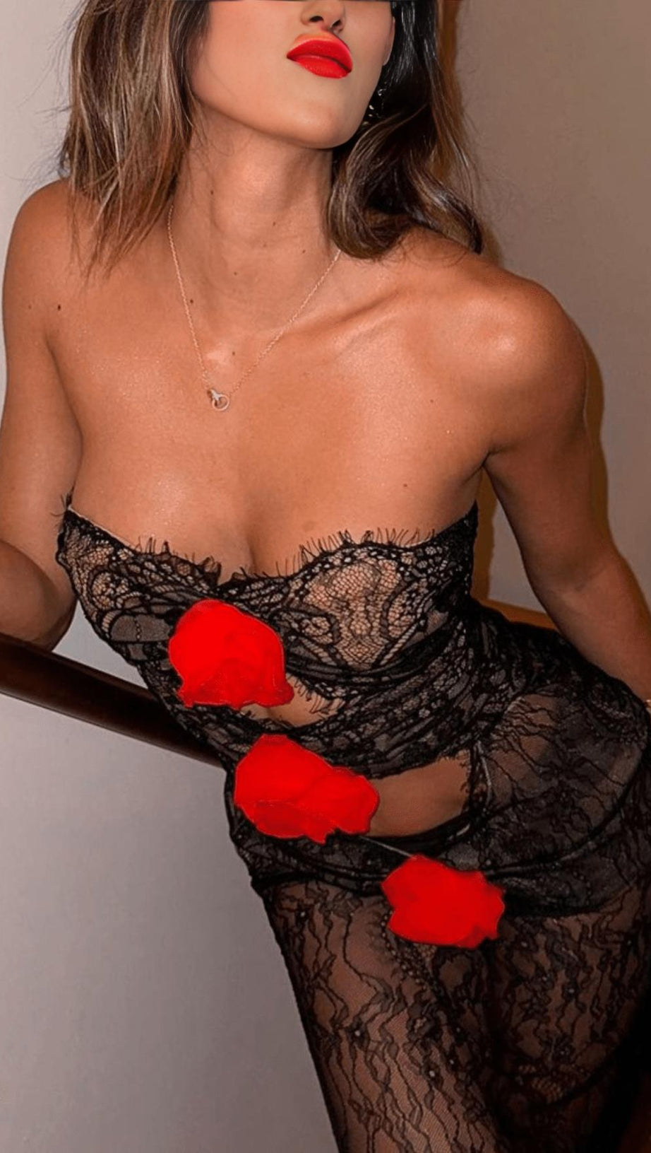 LACE SHEER FLOWER APPLIQUE CUT-OUT MAXI DRESS