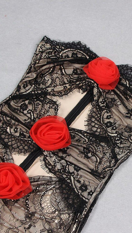 LACE SHEER FLOWER APPLIQUE CUT-OUT MAXI DRESS