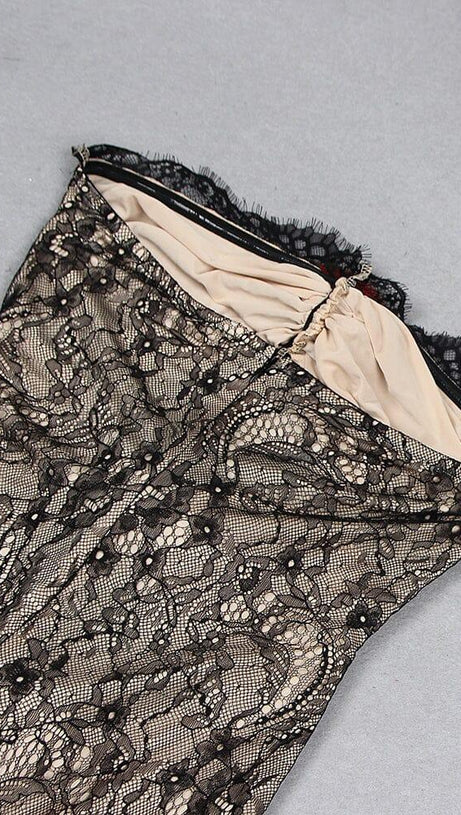 LACE SHEER FLOWER APPLIQUE CUT-OUT MAXI DRESS