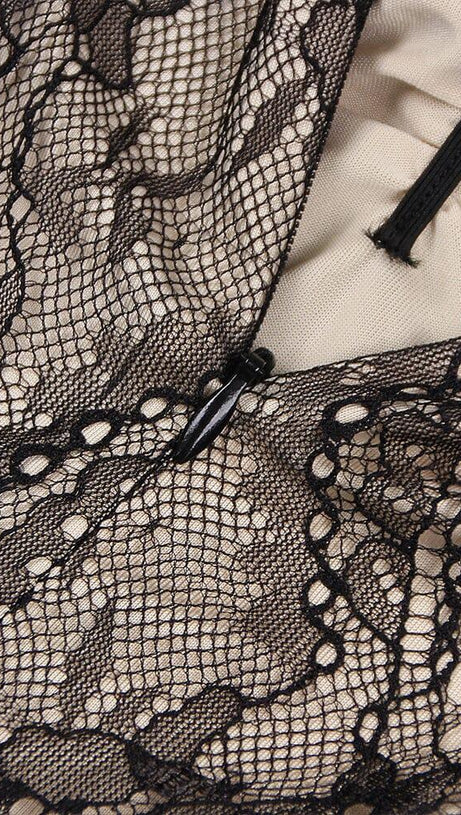 LACE SHEER FLOWER APPLIQUE CUT-OUT MAXI DRESS