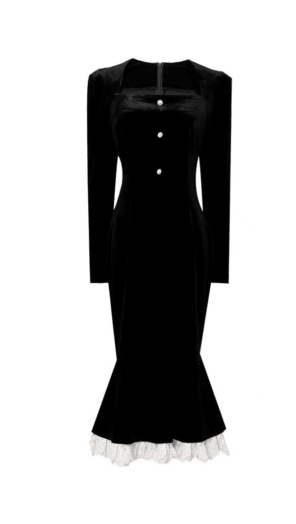 Long-Sleeve Ruffle Hem Faux Velvet Midi Dress
