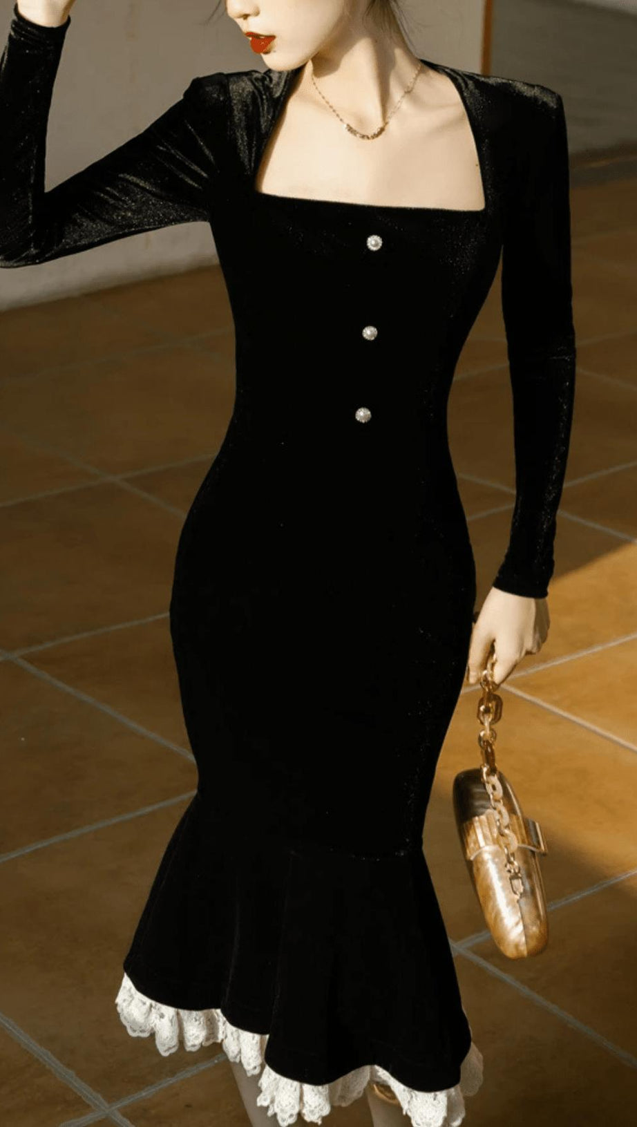 LONG-SLEEVE RUFFLE HEM FAUX VELVET MIDI DRESS