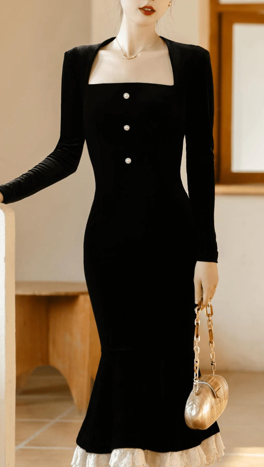 LONG-SLEEVE RUFFLE HEM FAUX VELVET MIDI DRESS