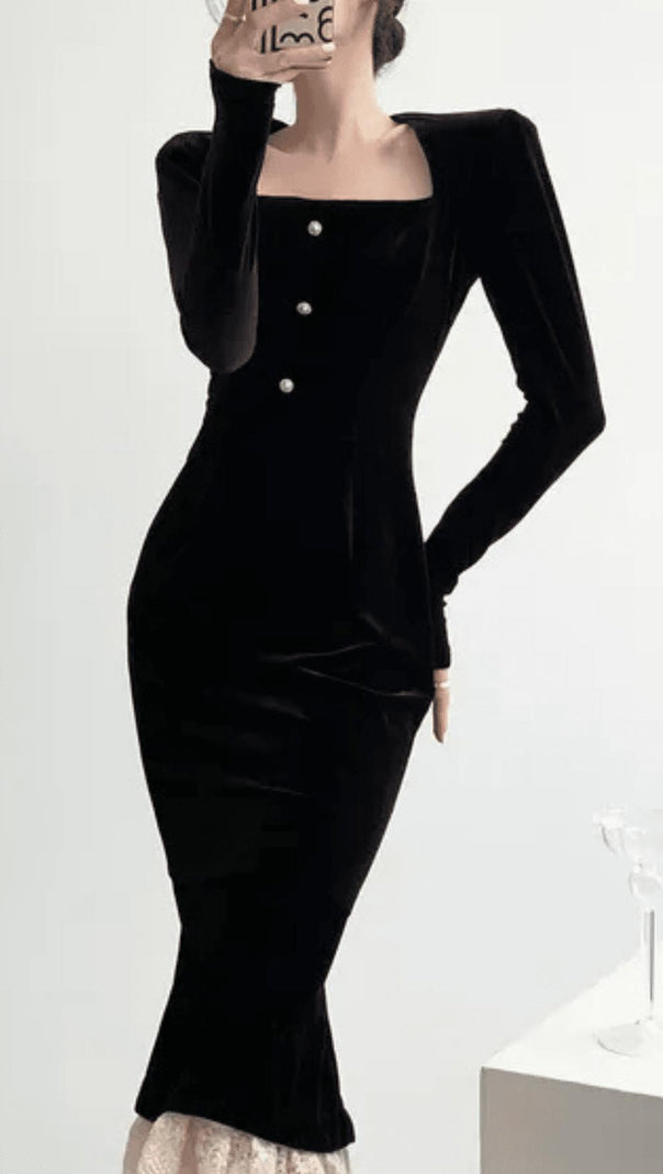 Long-Sleeve Ruffle Hem Faux Velvet Midi Dress