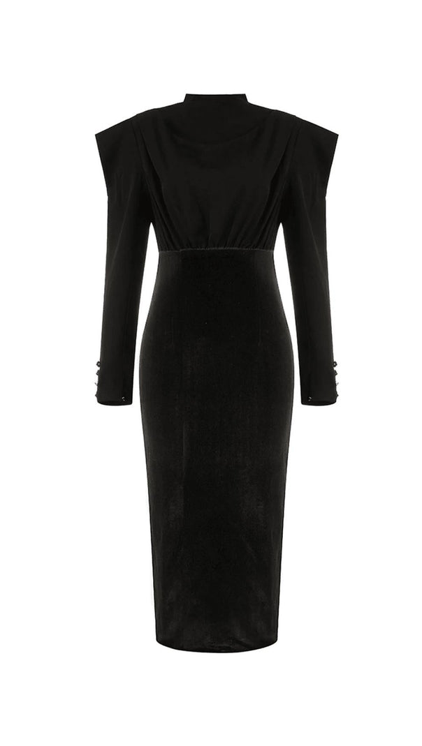 AIIZIE LONG-SLEEVED BACKLESS BOW MESH VELVET PATCHWORK MIDI DRESS - product image
