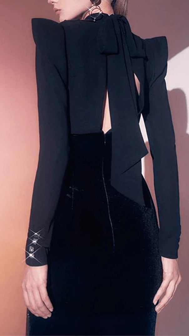 AIIZIE LONG-SLEEVED BACKLESS BOW MESH VELVET PATCHWORK MIDI DRESS - product image