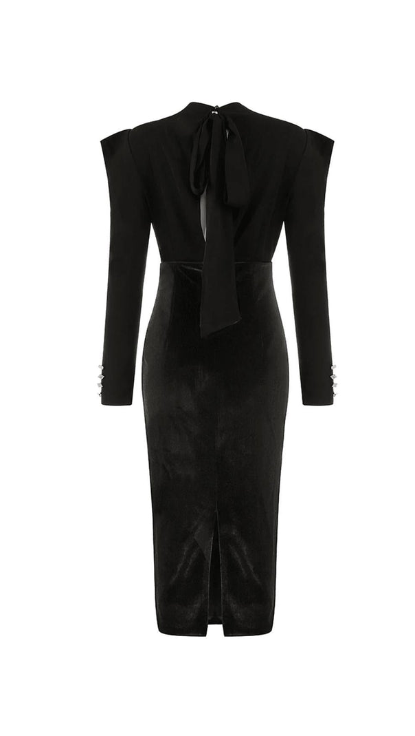 AIIZIE LONG-SLEEVED BACKLESS BOW MESH VELVET PATCHWORK MIDI DRESS - product image
