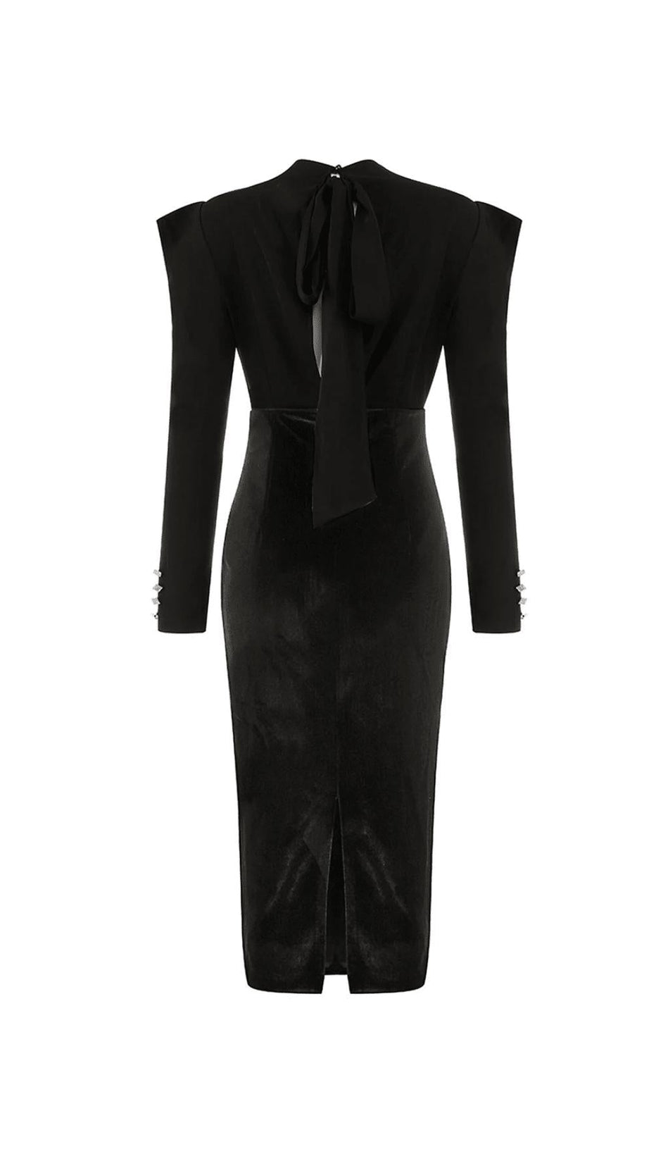 LONG-SLEEVED BACKLESS BOW MESH VELVET PATCHWORK MIDI DRESS