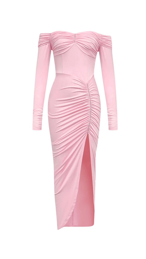AIIZIE OFF-SHOULDER RUCHED LONG SLEEVE SPLIT MAXI DRESS - product image