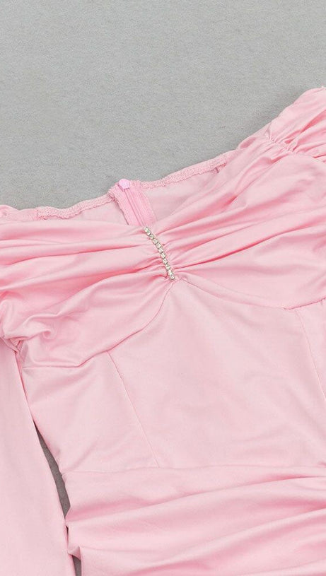 OFF-SHOULDER RUCHED LONG SLEEVE SPLIT MAXI DRESS