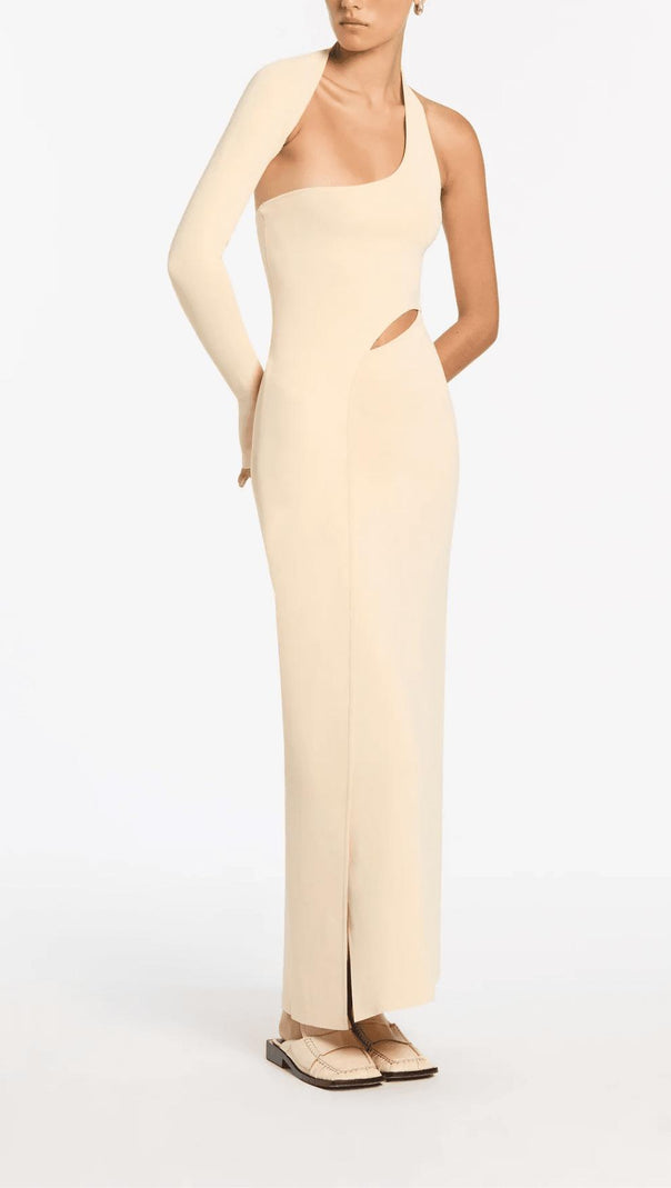 AIIZIE OFF-WHITE ONE-SLEEVE ELASTIC BANDAGE MIDRIFF-BARING MAXI DRESS - product image