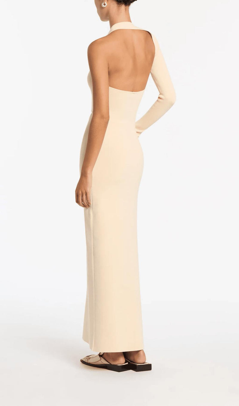 OFF-WHITE ONE-SLEEVE ELASTIC BANDAGE MIDRIFF-BARING MAXI DRESS