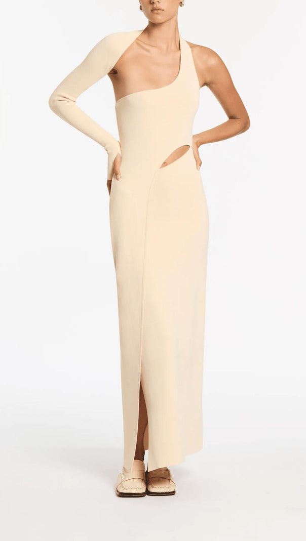 AIIZIE OFF-WHITE ONE-SLEEVE ELASTIC BANDAGE MIDRIFF-BARING MAXI DRESS - product image
