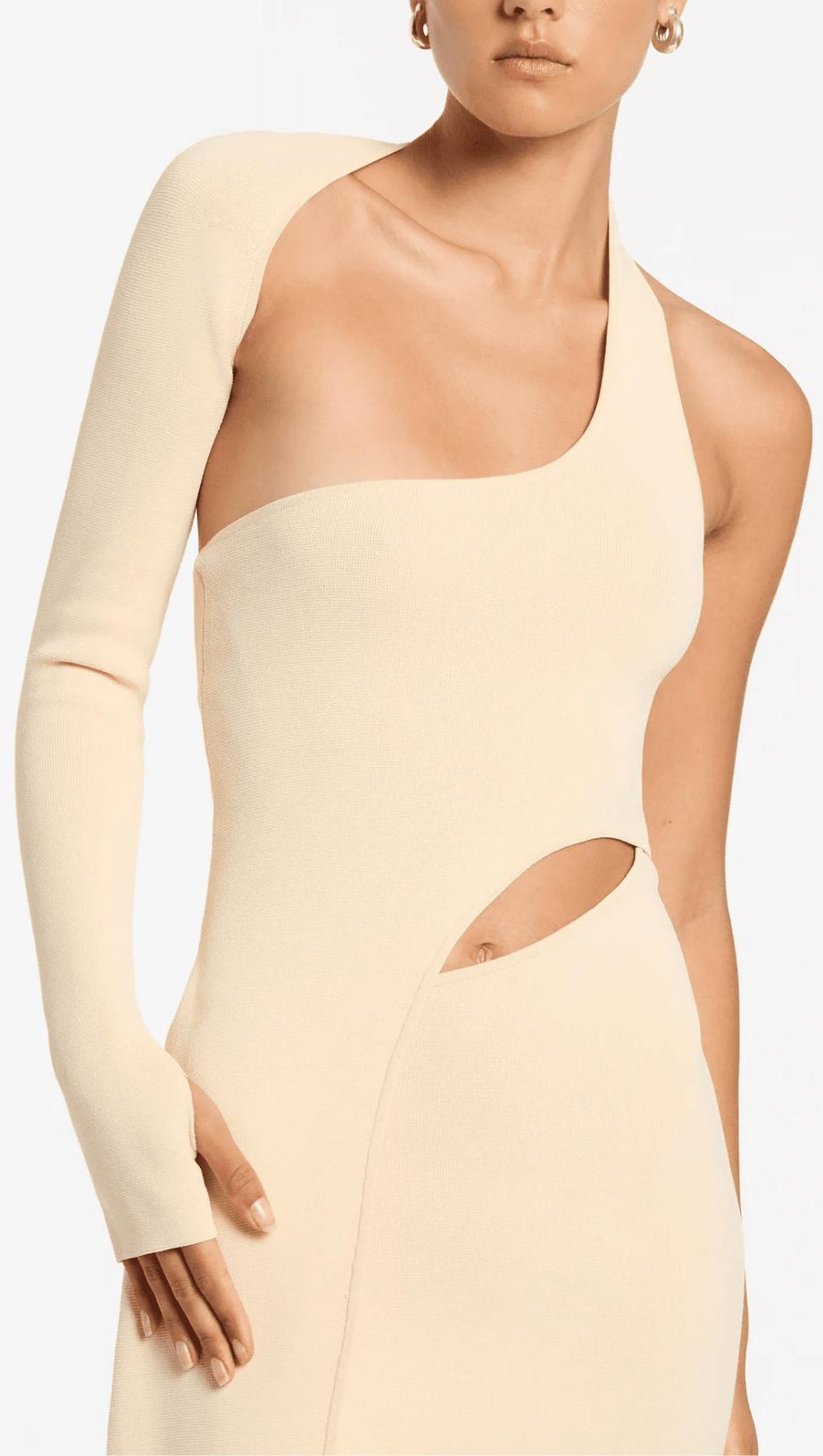 OFF-WHITE ONE-SLEEVE ELASTIC BANDAGE MIDRIFF-BARING MAXI DRESS